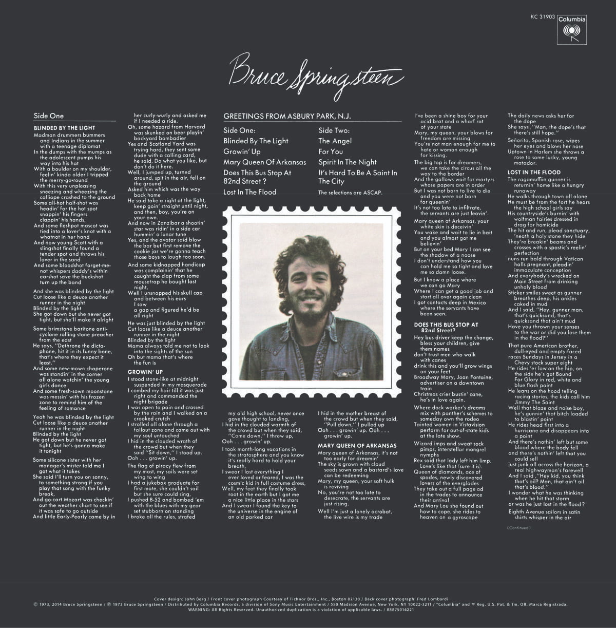 Bruce Springsteen Greetings from Asbury Park, N.J. back cover