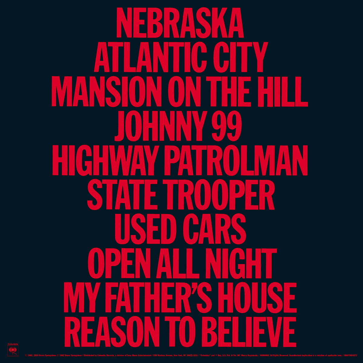 Bruce Springsteen Nebraska back cover